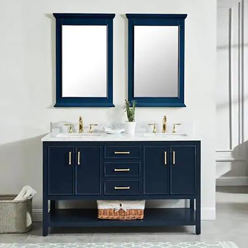 Solid Wood + Nature Marble Modern Blue Bathroom Vanity 30 Inch With 3 drewers and 4 doors